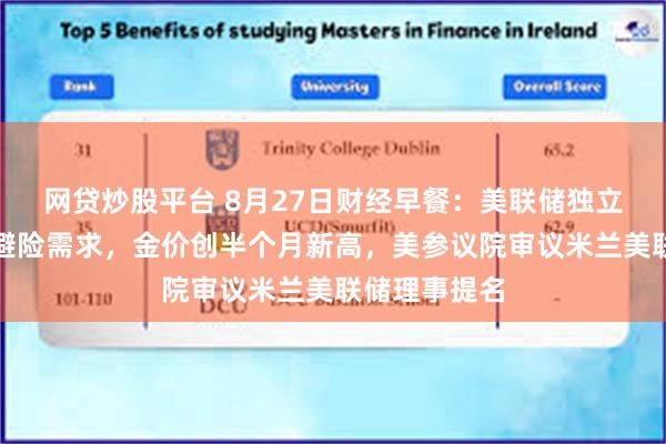 网贷炒股平台 8月27日财经早餐：美联储独立性担忧提振避险需求，金价创半个月新高，美参议院审议米兰美联储理事提名
